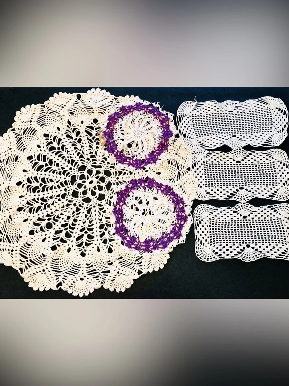 Vintage Hand Crocheted Cotton Set Of 6 Ivory & Purple Round & Rectangle Doilies